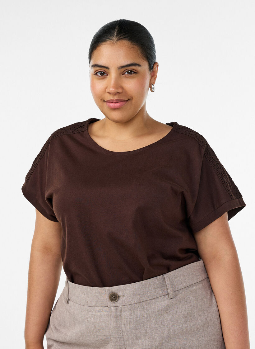 Katoenen T-shirt met haakdetail, Bruin, Model image number 0