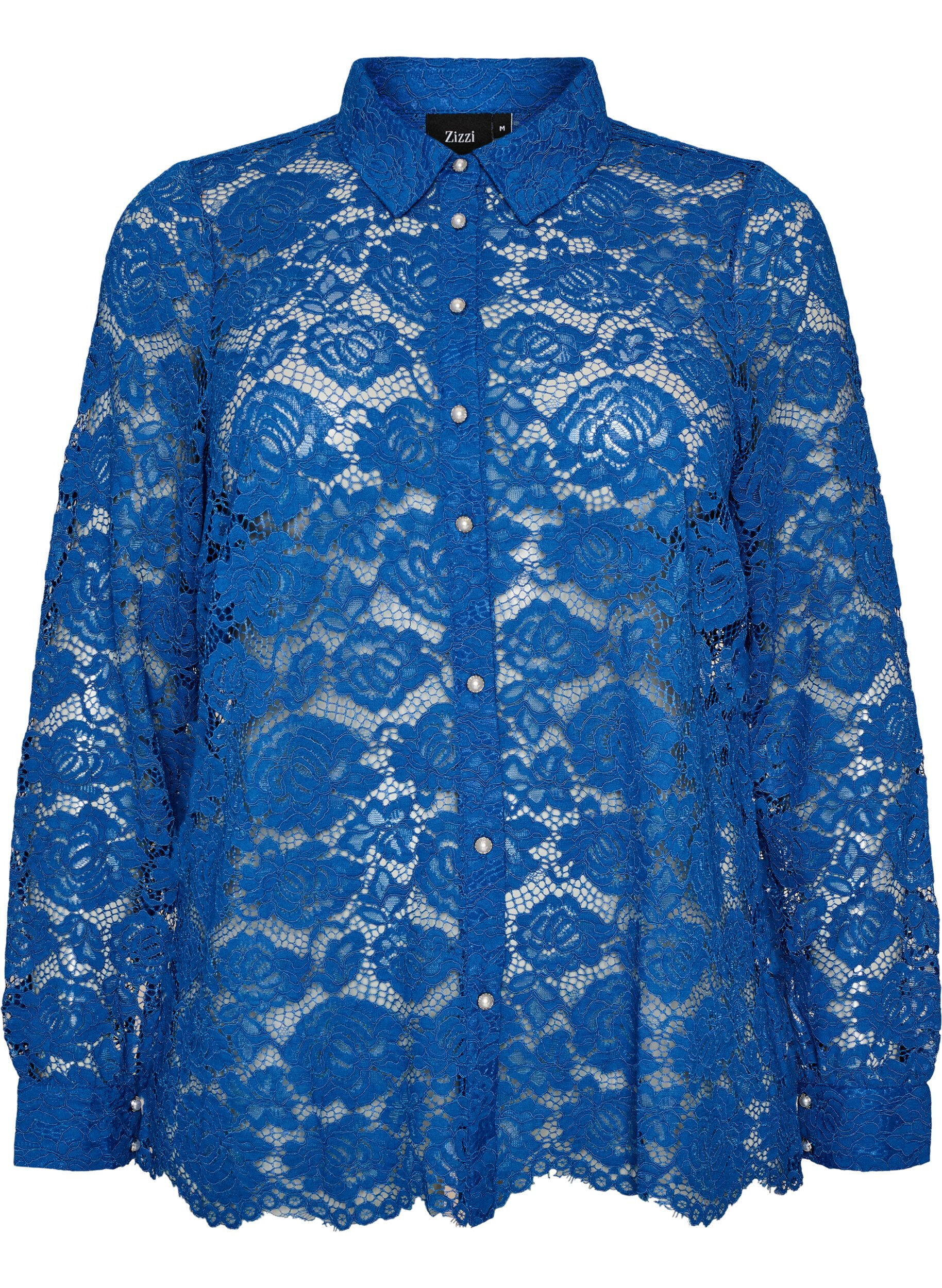 ZizziKanten shirt met parelknopen, Blauw, Packshot image number 0