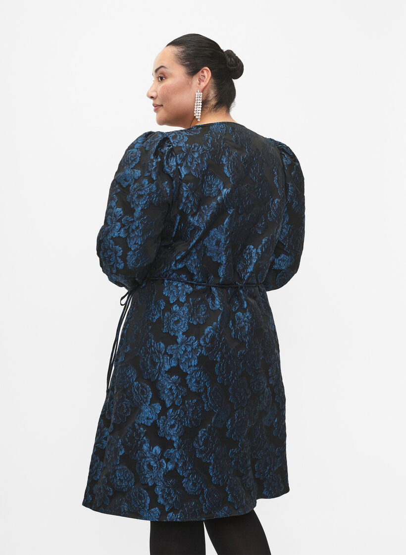 Jacquard wikkeljurk met 3/4 mouwen, Black Blue, Model image number 1