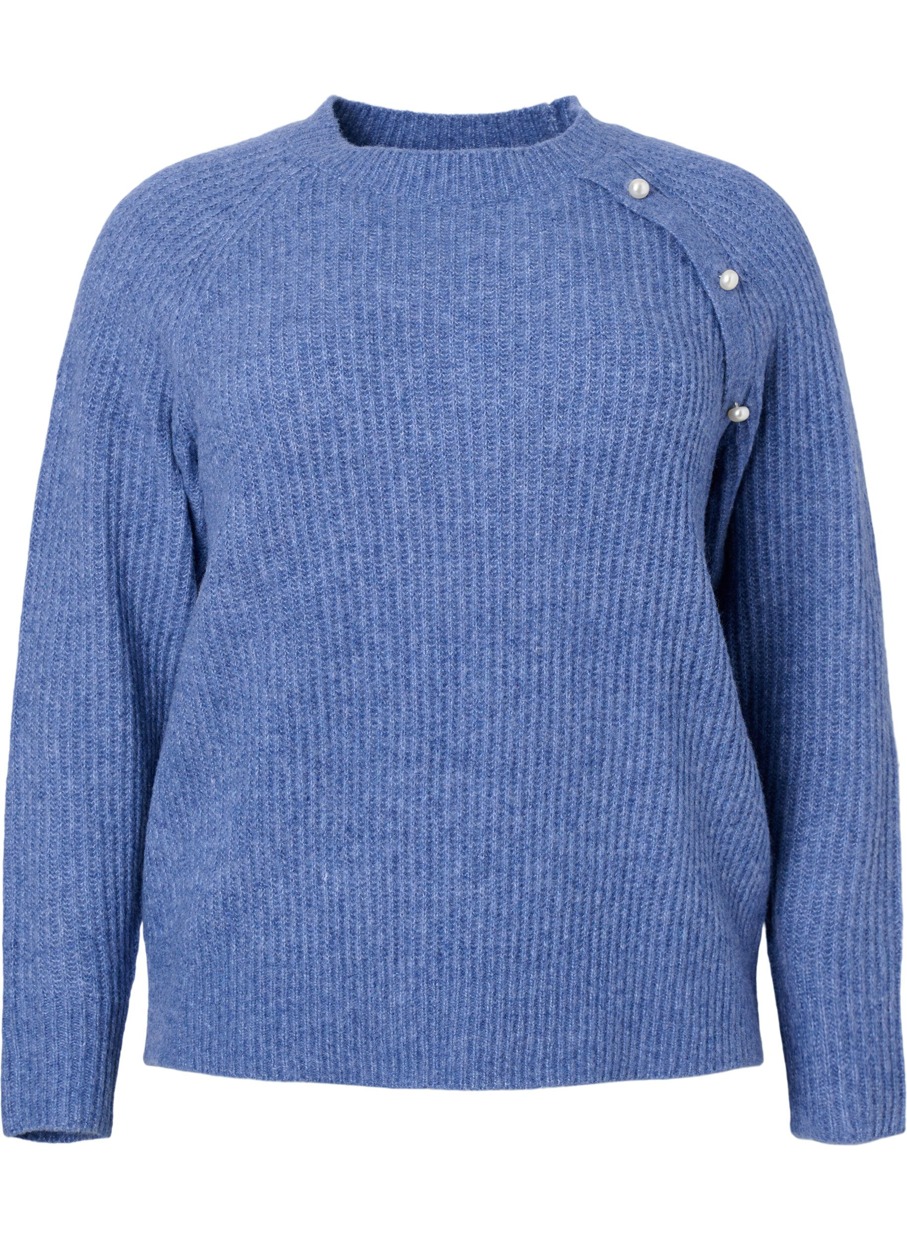 Zizzi Gem&ecirc;leerde pullover met parelknopen, Coastal Fjord Mel., Packshot image number 0