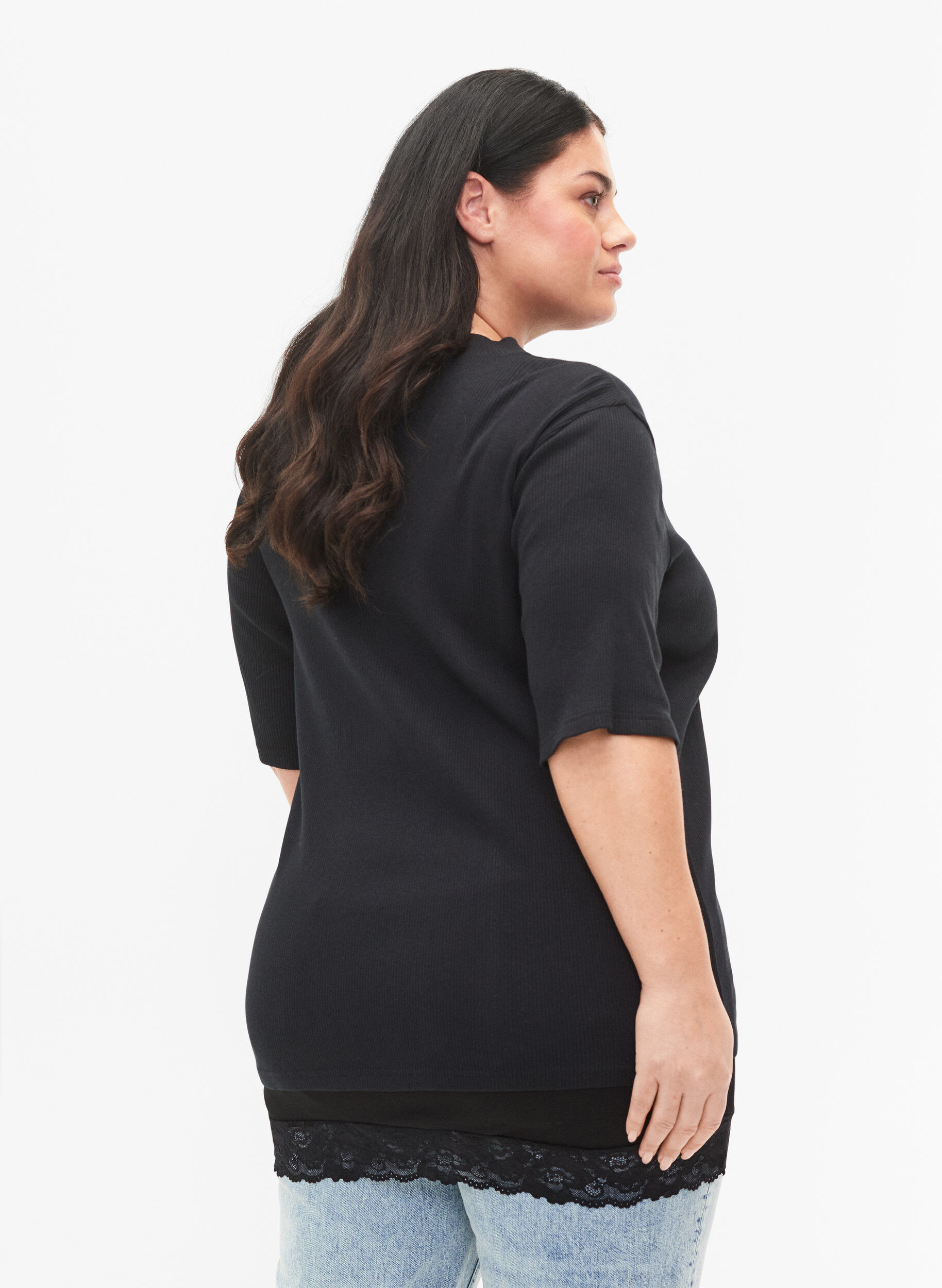 Zizzi 2-pack top verlengstukken met kanten biezen, Black/Black, Model image number 1