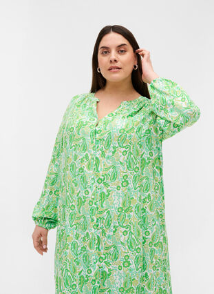 Midi-jurk van viscose met print en lange mouwen, Green Paisley AOP, Model image number 2