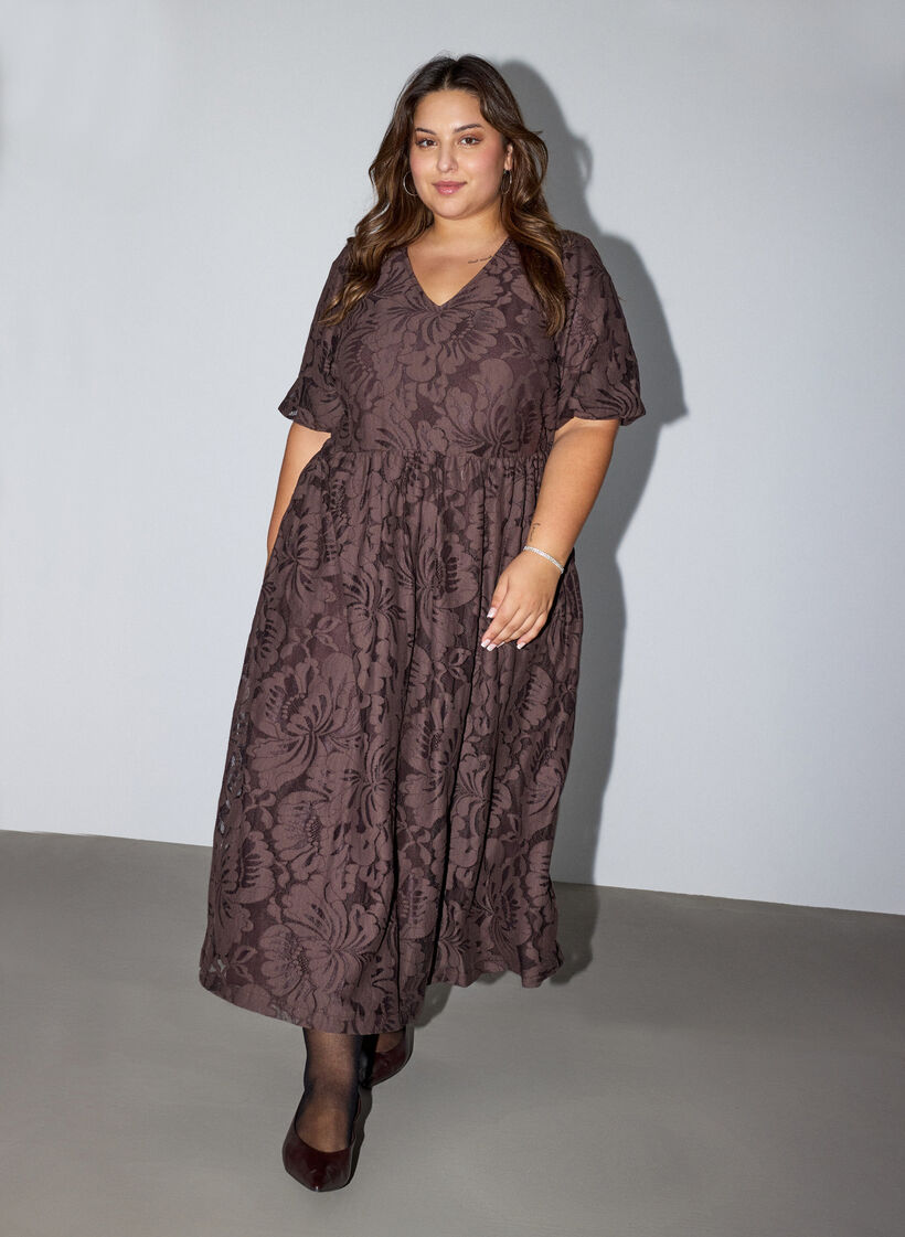 Midi-jurk met bloemenjacquard, Bruin, Model image number 0