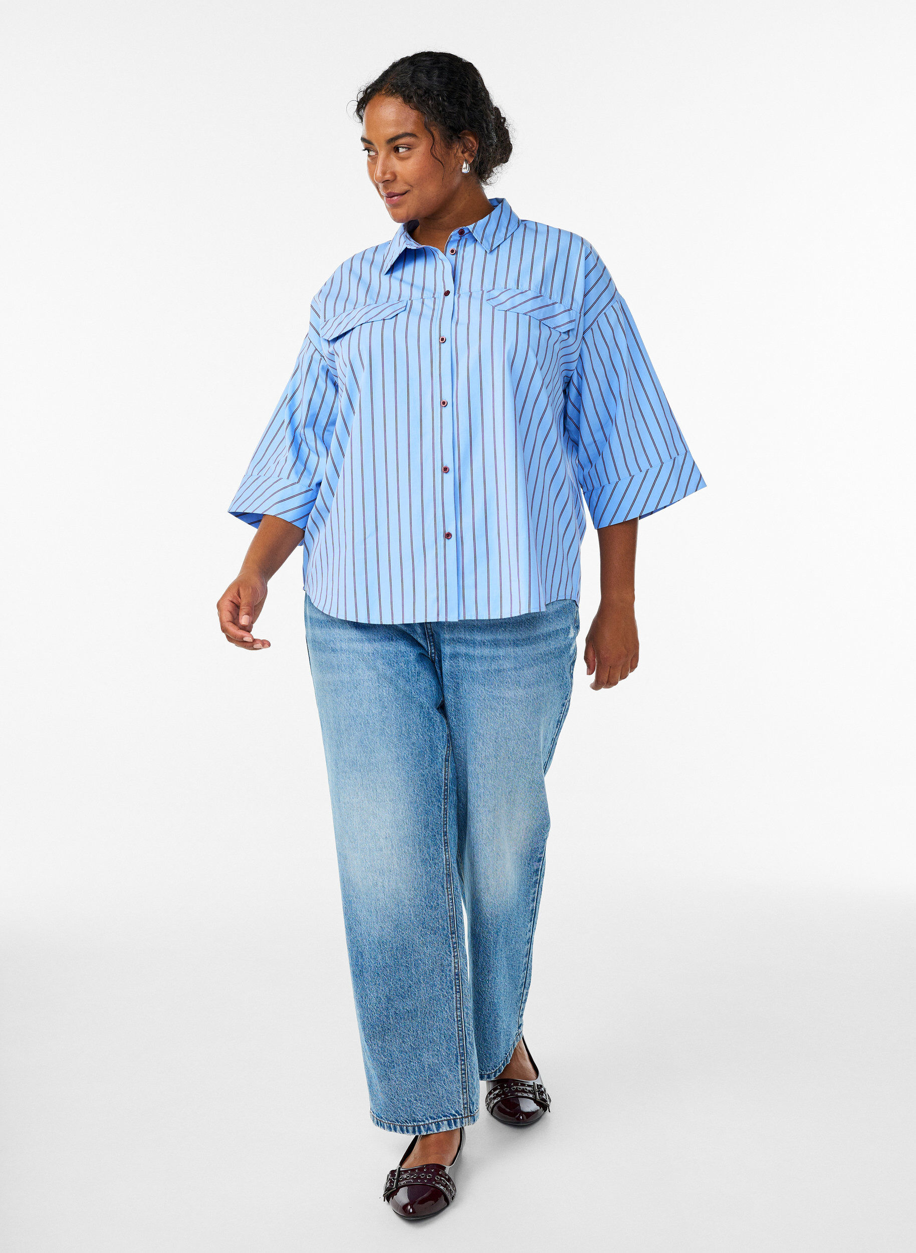 Zizzi Gestreept katoenen shirt met wijde mouwen, Blauw, Model image number 1