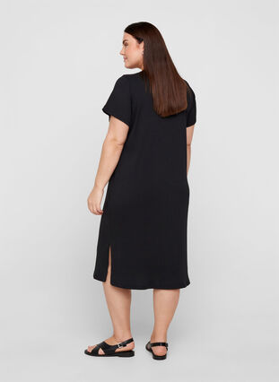 Geribbelde jurk met korte mouwen en split, Black, Model image number 1