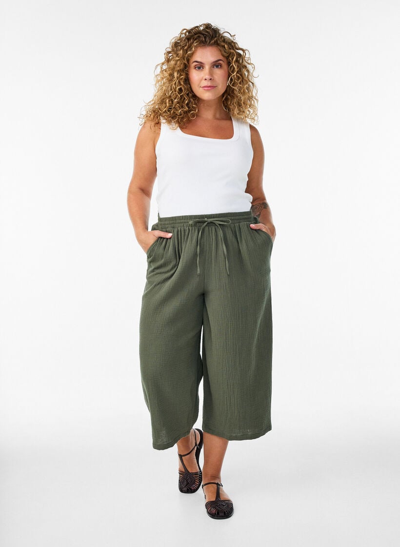 Culotte broek van katoen met hoge taille, Groen, Model image number 0