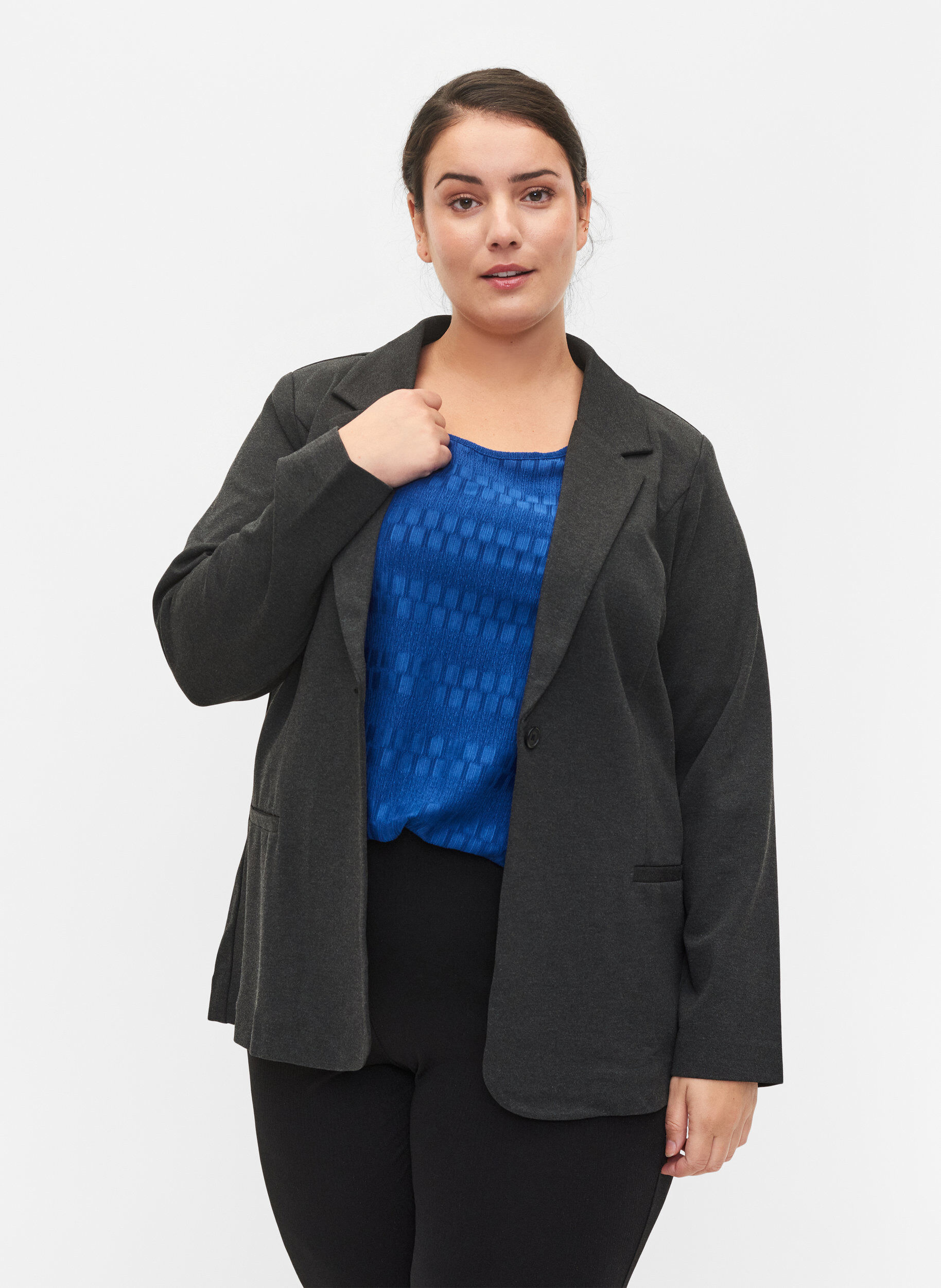 Zizzi Basic blazer met knoop en sierzakken, Grijs, Model image number 0