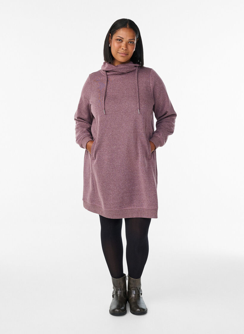 Kort sweatshirt jurk met hoge kraag en zakken, Rood, Model image number 1