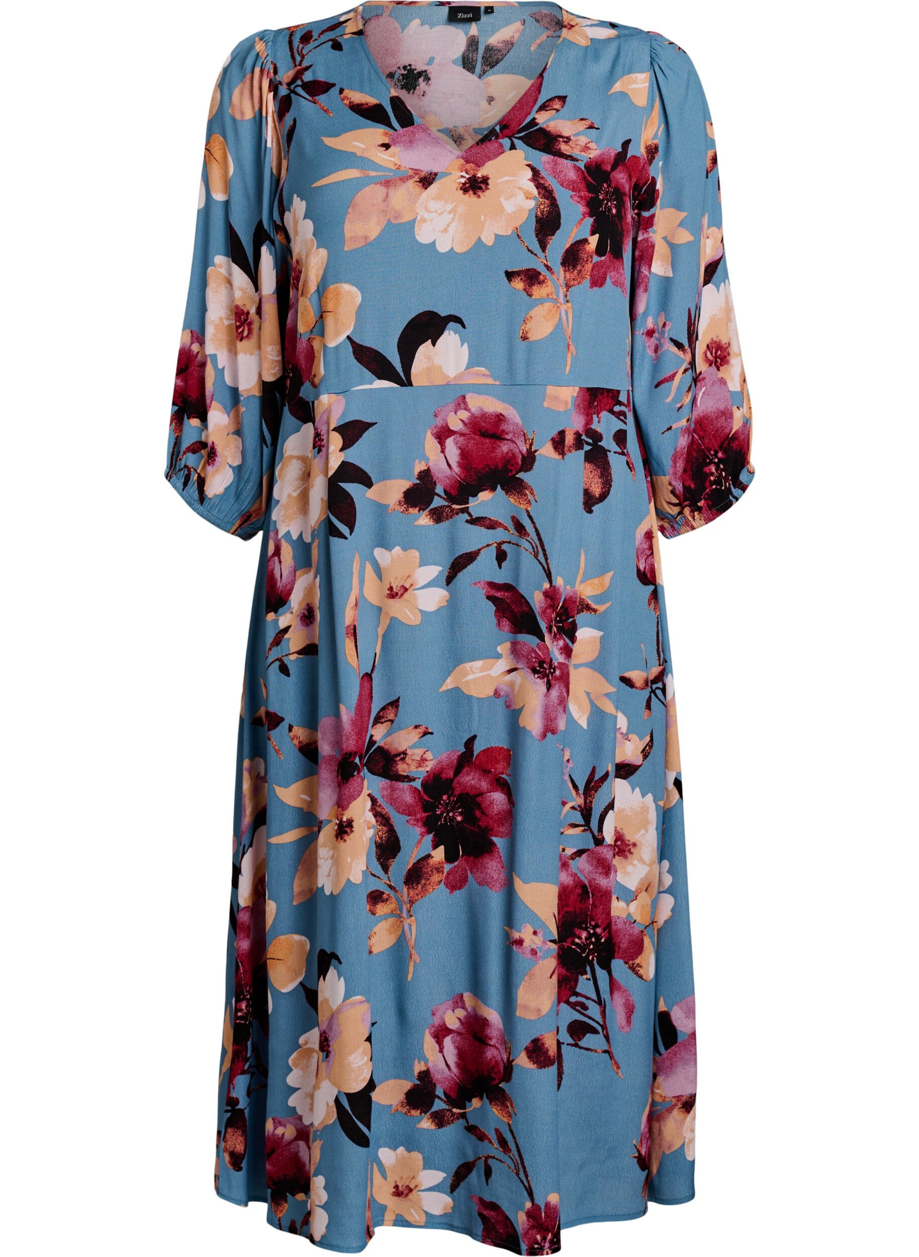 Zizzi Midi-jurk met bloemenprint en 3/4 mouwen, Blauw, Packshot image number 0