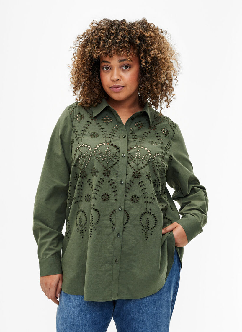 Katoenen overhemd met broderie anglaise, Thyme, Model image number 0