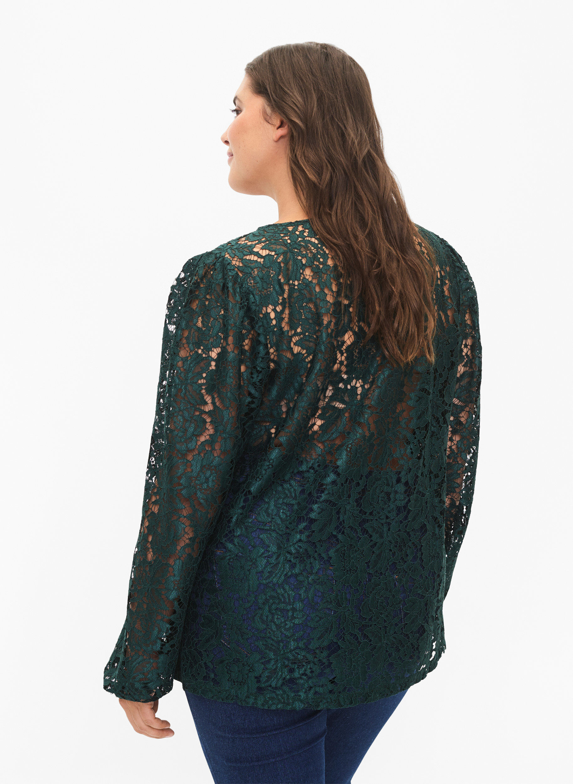 Zizzi FLASH - Kanten blouse met lange mouwen, Scarab, Model image number 1
