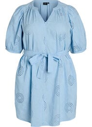 Korte jurk met bloemen- en oogjesborduurwerk, Blauw