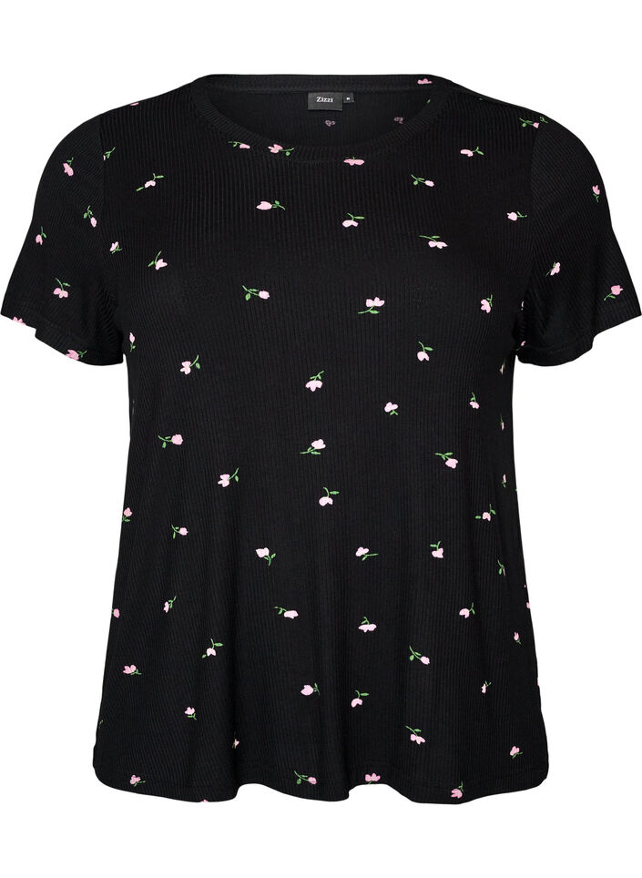Pyjama top met bloemenprint en geribde textuur, Zwart, Packshot image number 0