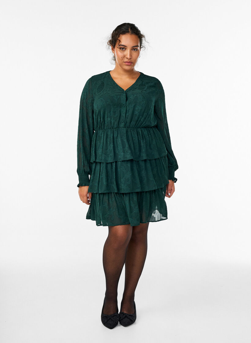 Korte jurk met ruches en een textuurpatroon, Groen, Model image number 1
