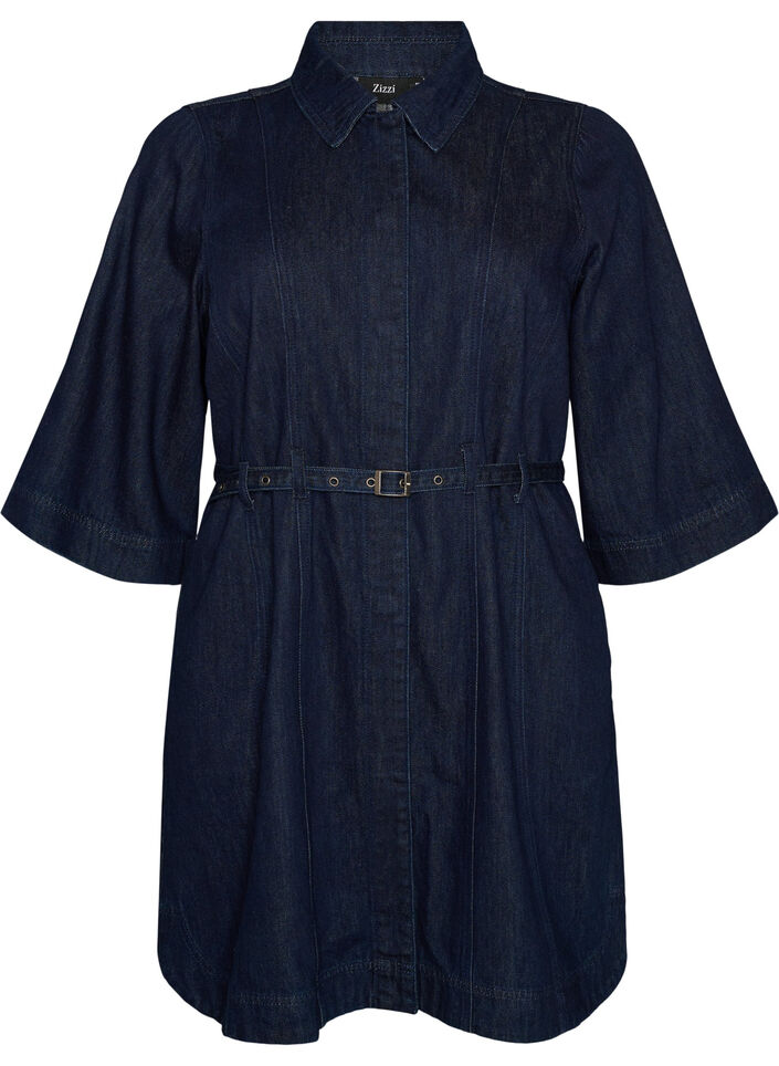 Denimjurk met riem en 3/4-mouwen, Blauw, Packshot image number 0