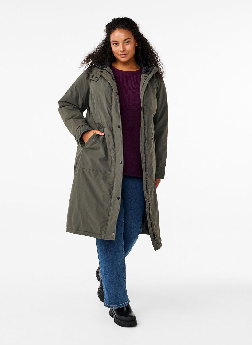 Parka jas met kap en verstelbare taille, Black Olive, Model image number 1