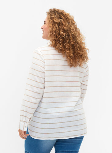 Overhemdblouse met knoopsluiting in katoen-linnen mix, White Taupe Stripe, Model image number 1