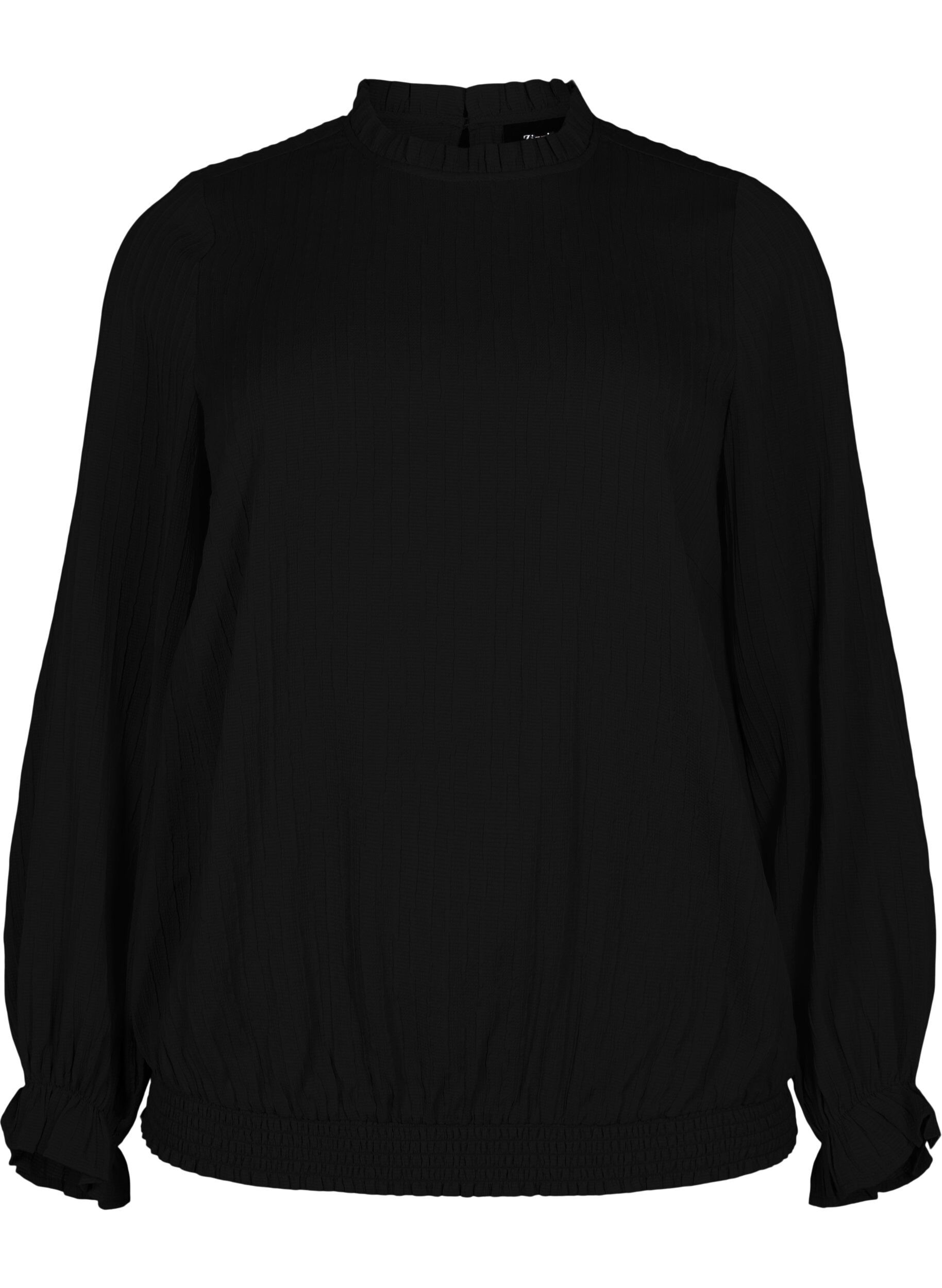 Zizzi Smok blouse met ruches en textuur, Black, Packshot image number 0