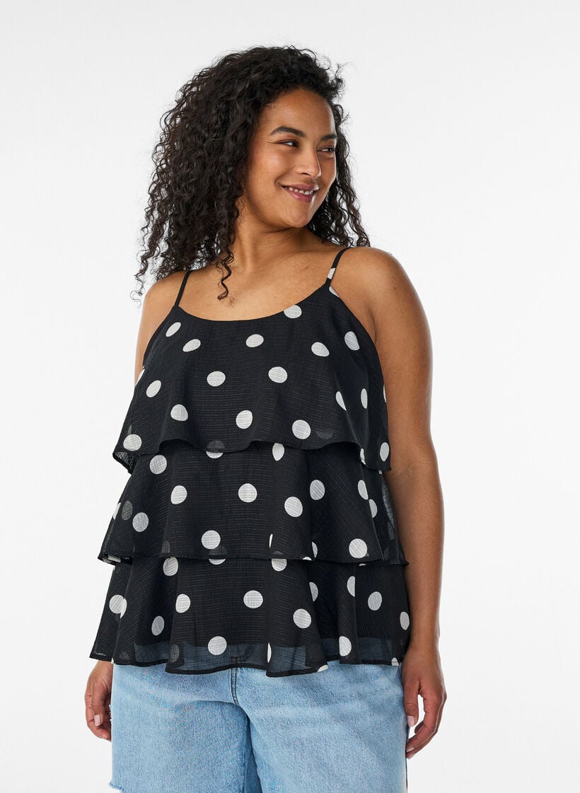Gelaagde top met ruches en spaghettibandjes, Zwart, Model image number 0