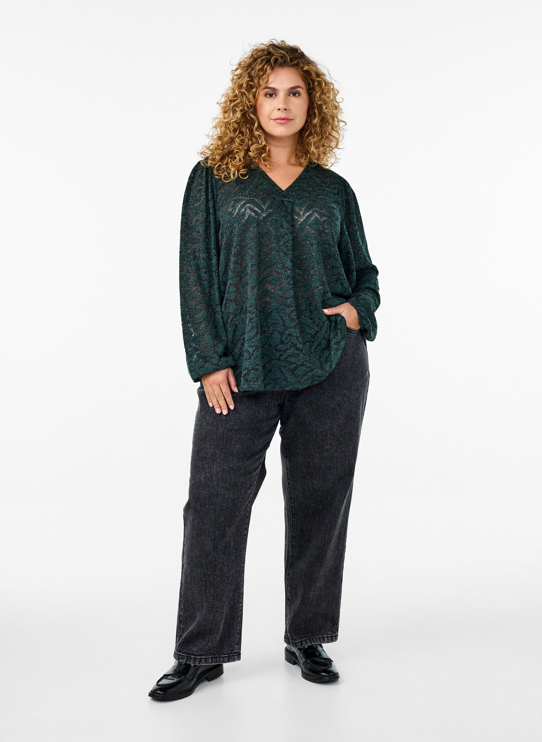 Zizzi Blouse met lange mouwen met glitter en patroon, Groen, Model image number 1