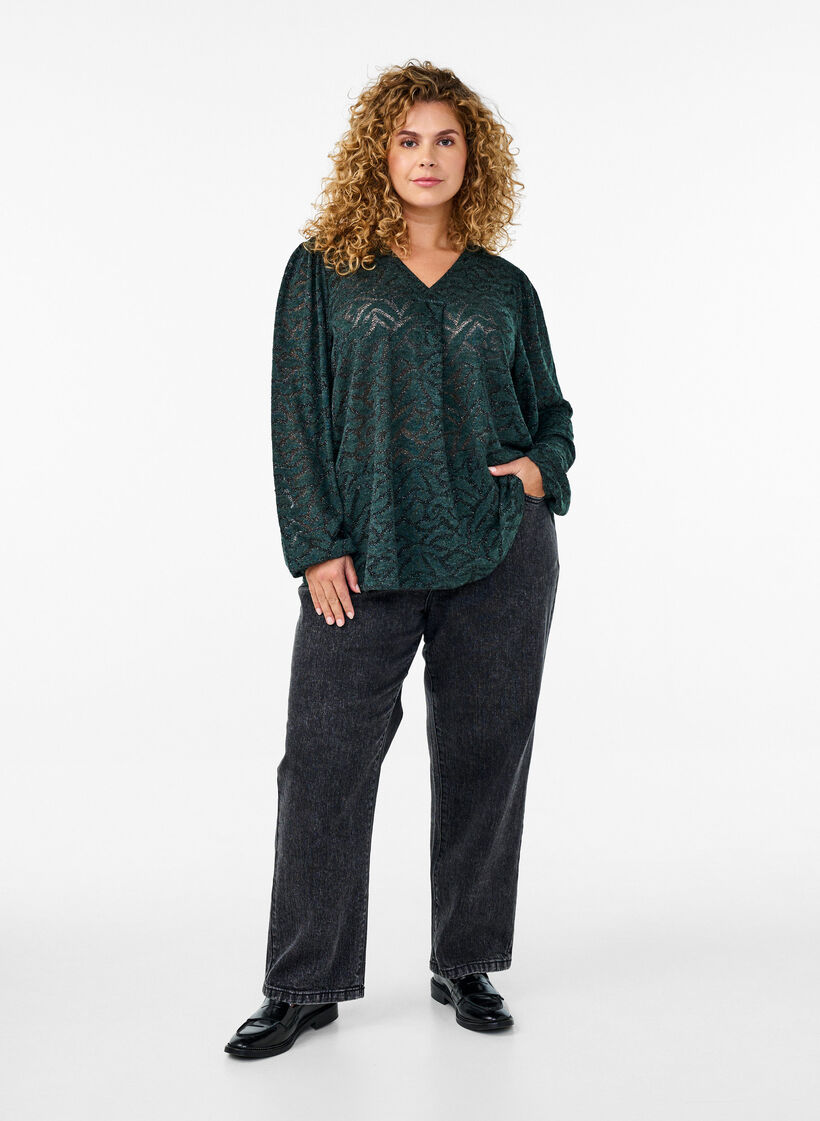 Blouse met lange mouwen met glitter en patroon, Groen, Model image number 1