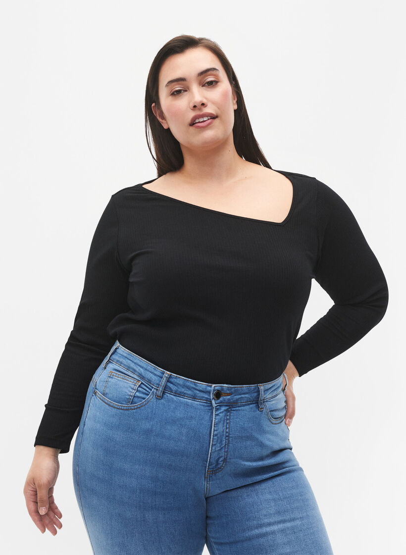 Lange mouw t-shirt met asymmetrische snit, Black, Model image number 0