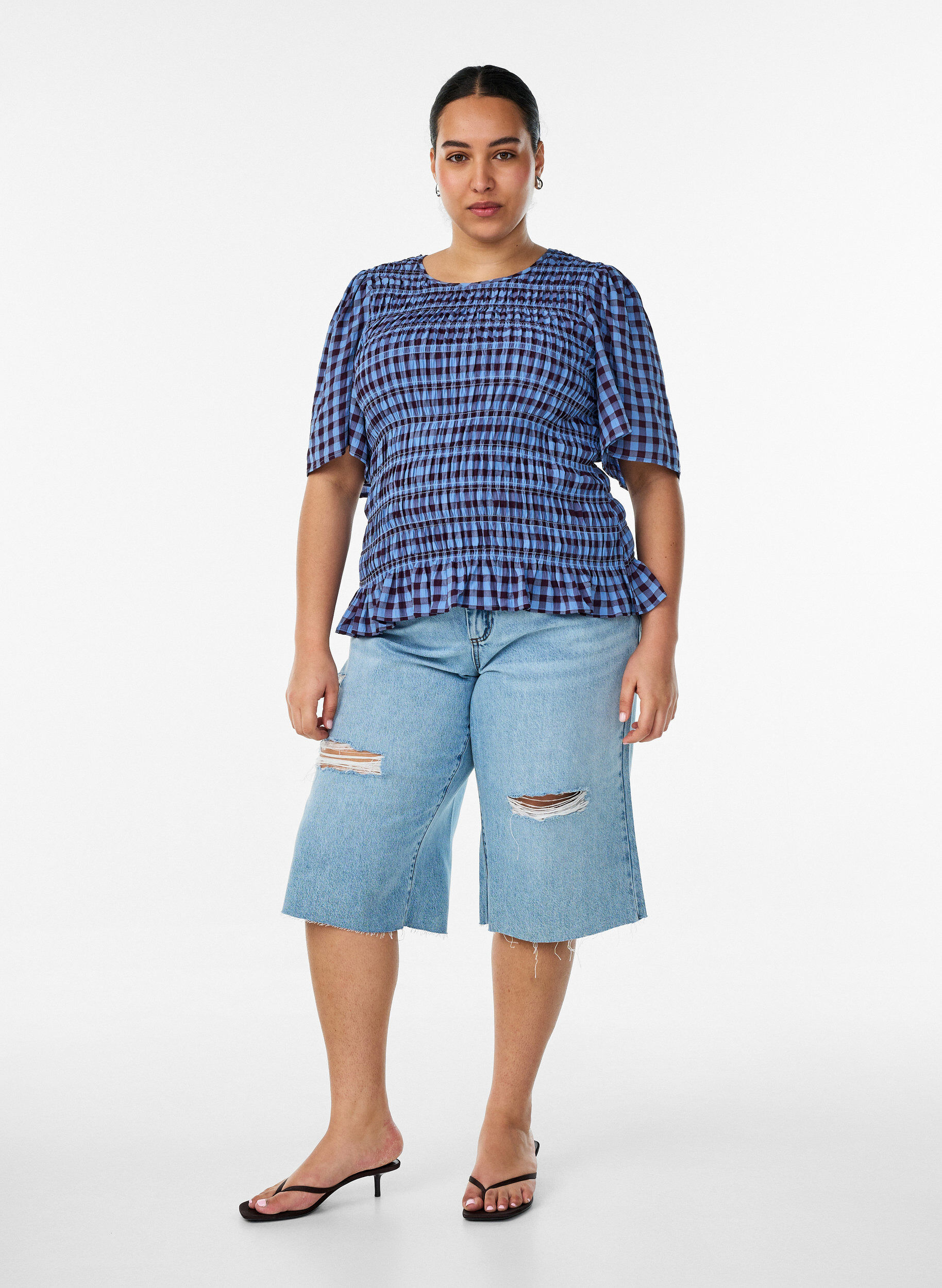 ZizziSmockblouse met ginghamruit en rucherand, Blauw, Model image number 1