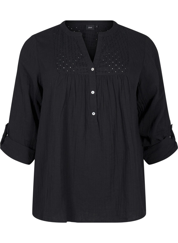 Katoenen blouse met broderie anglaise en 3/4 mouwen, Black, Packshot image number 0