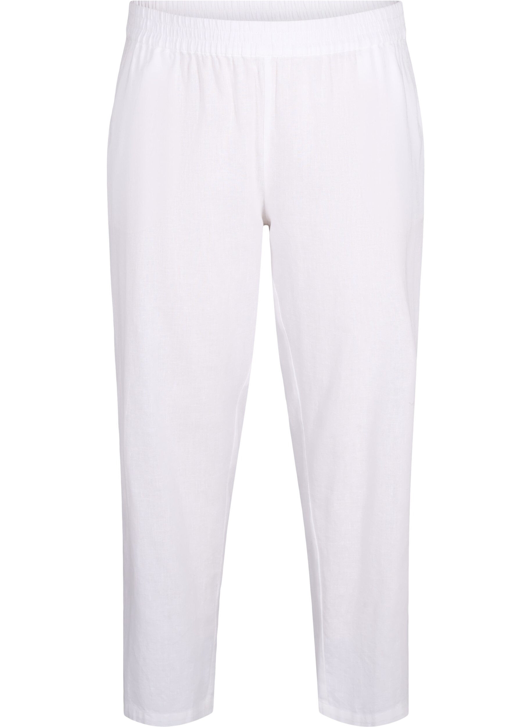 Zizzi Effen katoenen broek met linnen, Bright White, Packshot image number 0