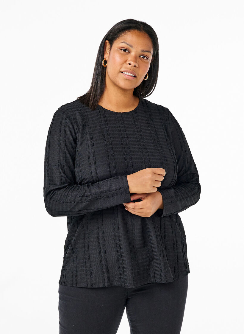 Gestructureerde lange mouw blouse, Black, Model image number 0
