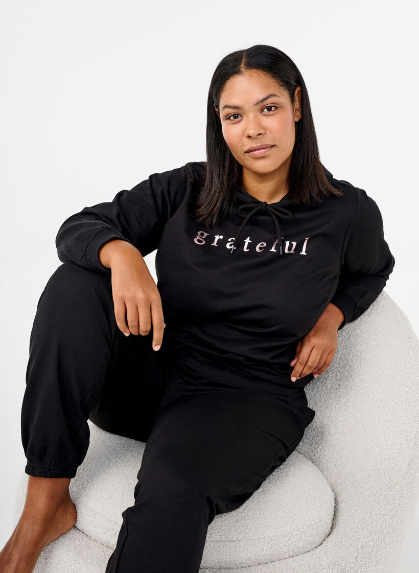 Sweater met capuchon en print, Zwart, Image image number 0