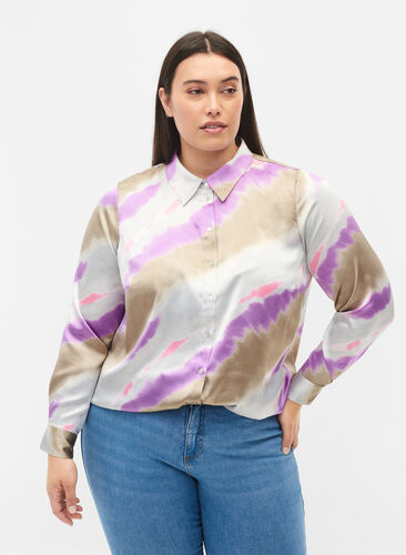 Kleurrijk overhemd in satijnlook, Watercolor, Model image number 0