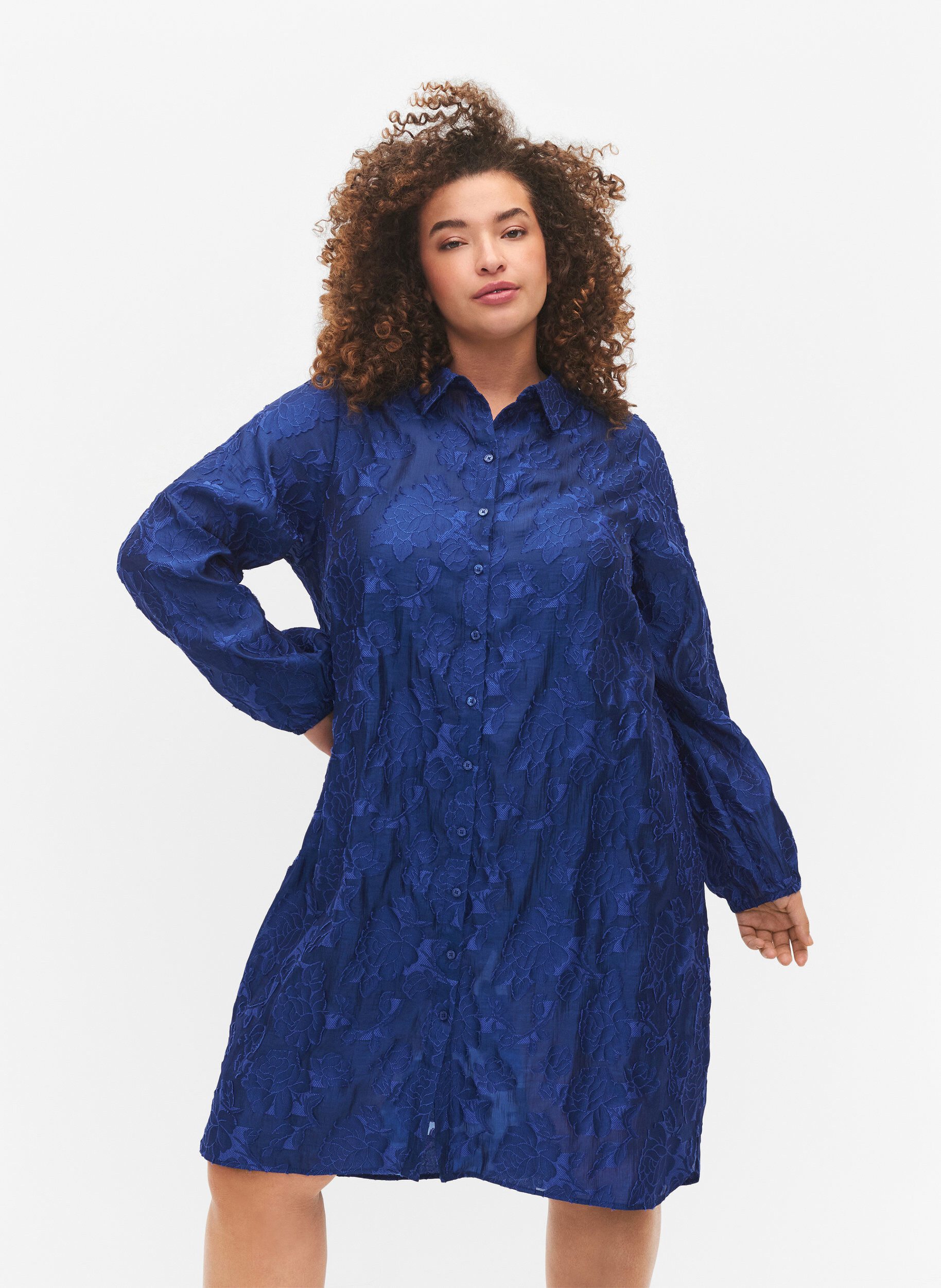 Zizzi Lange jacquard shirt, Mazarine Blue, Model image number 0