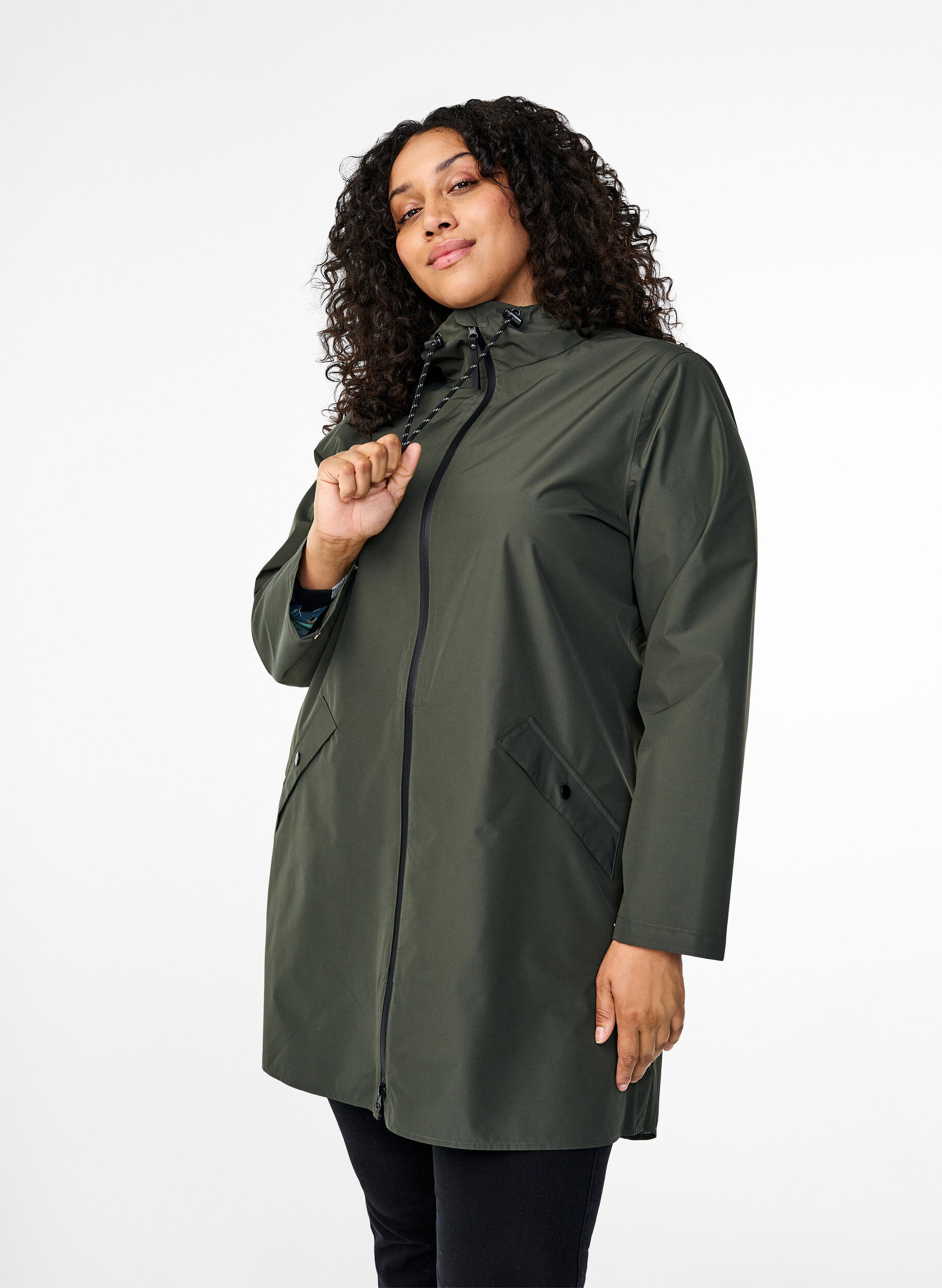 Regenjas met zakken en capuchon, Groen, Model