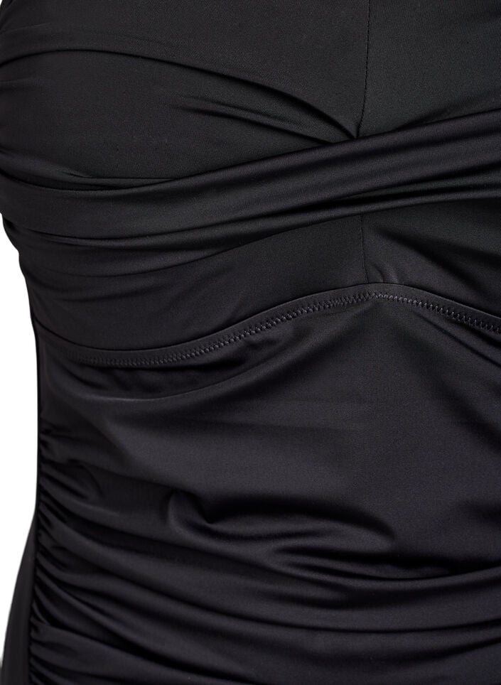 Straploze badpak met drapering en gewatteerde cups, Zwart, Packshot