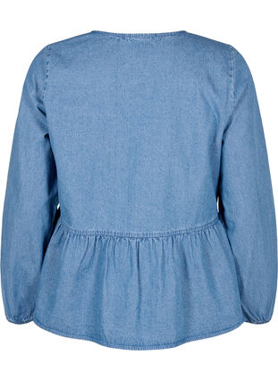 Denim peplum blouse met striksluiting, Light Blue Denim, Packshot image number 1