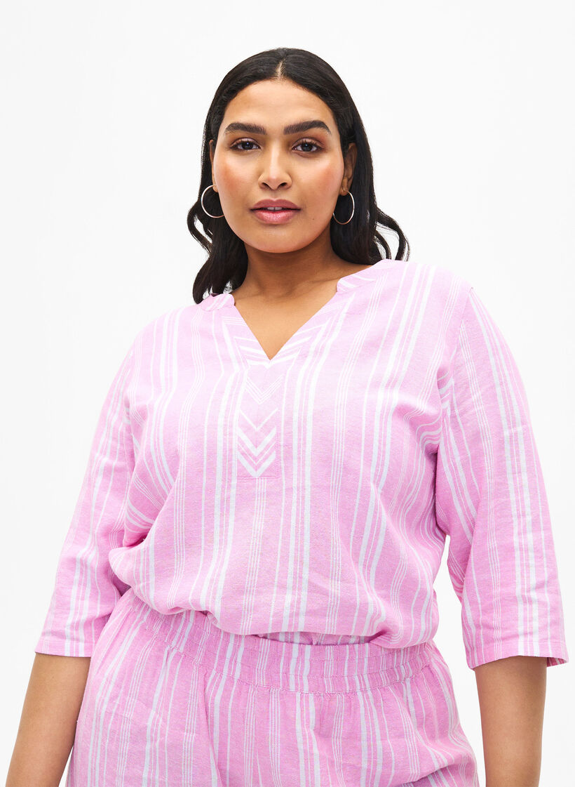 Gestreepte blouse in een mix van linnen en viscose, Roze, Model image number 0