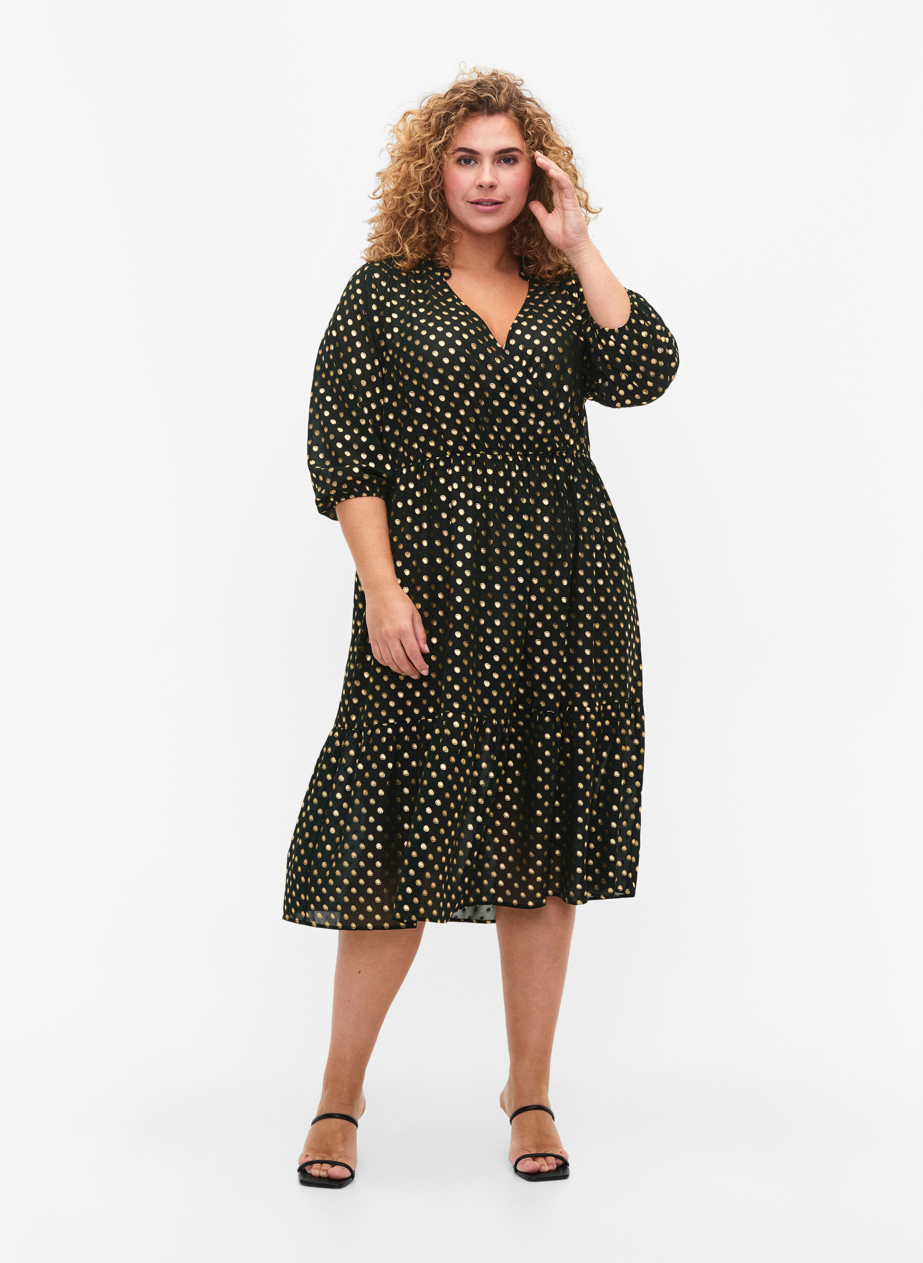 Zizzi Jurk met stippen folieprint en 3/4 mouwen, Scarab w. Gold, Model image number 2