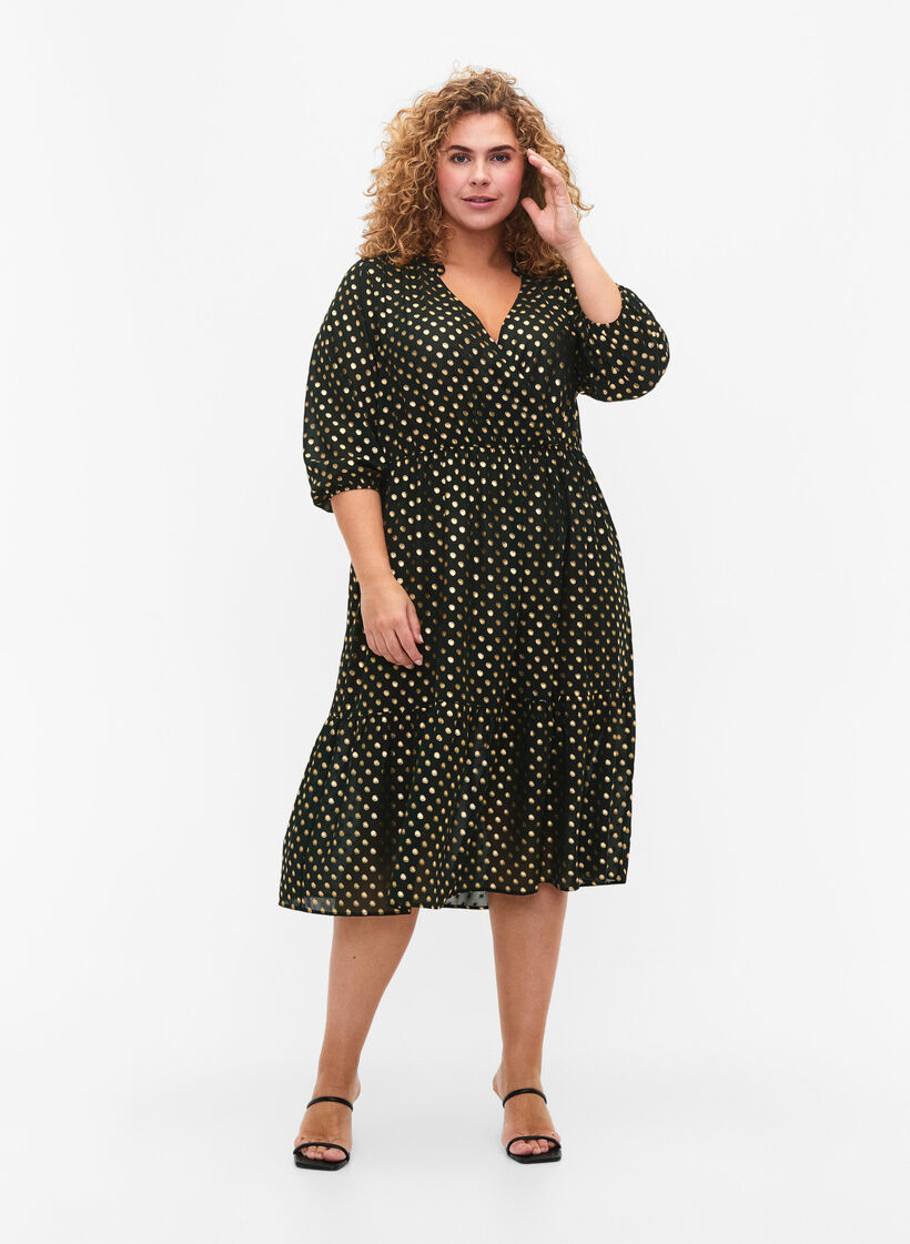 Jurk met stippen folieprint en 3/4 mouwen, Scarab w. Gold, Model image number 2