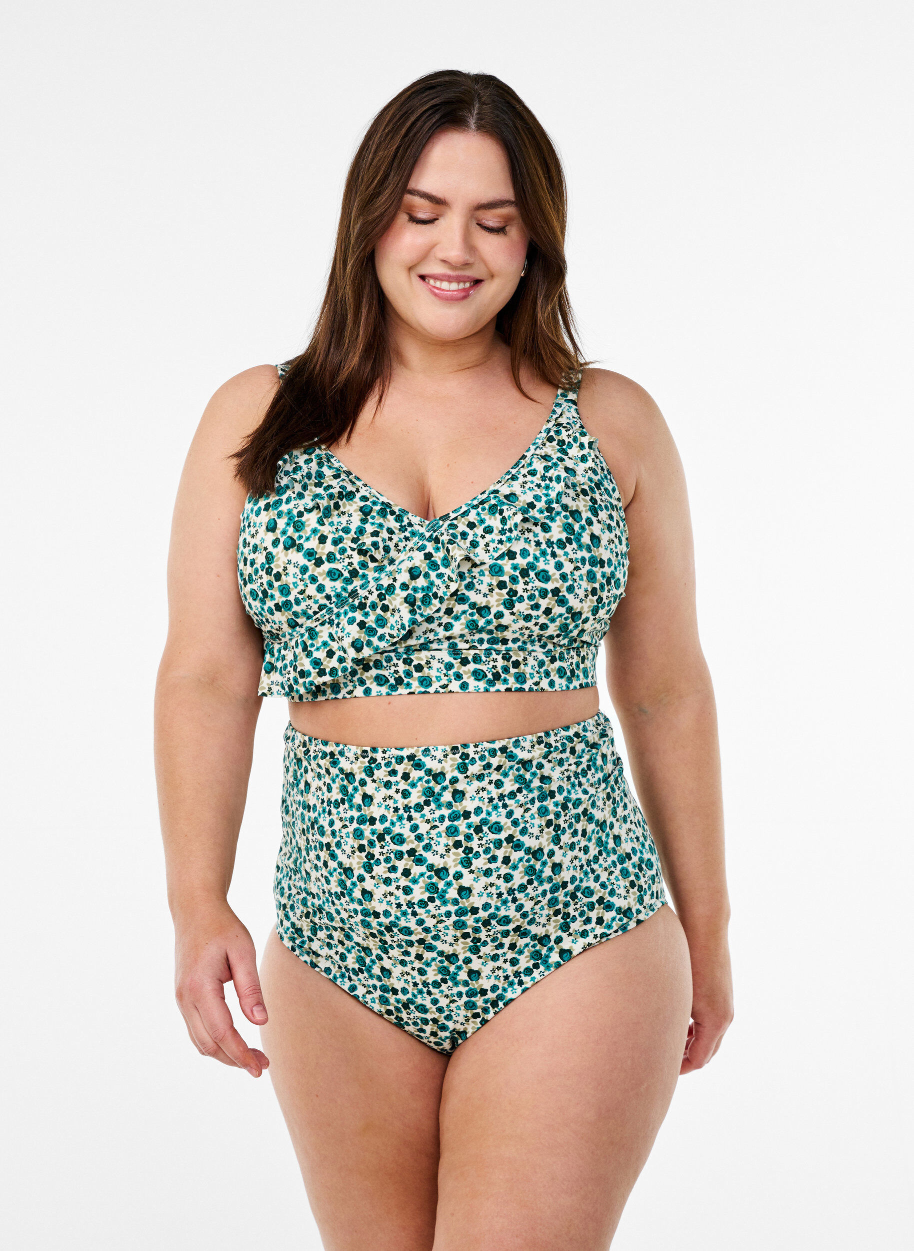 Zizzi Bloemen bikinitop met ruches, Groen, Model image number 1