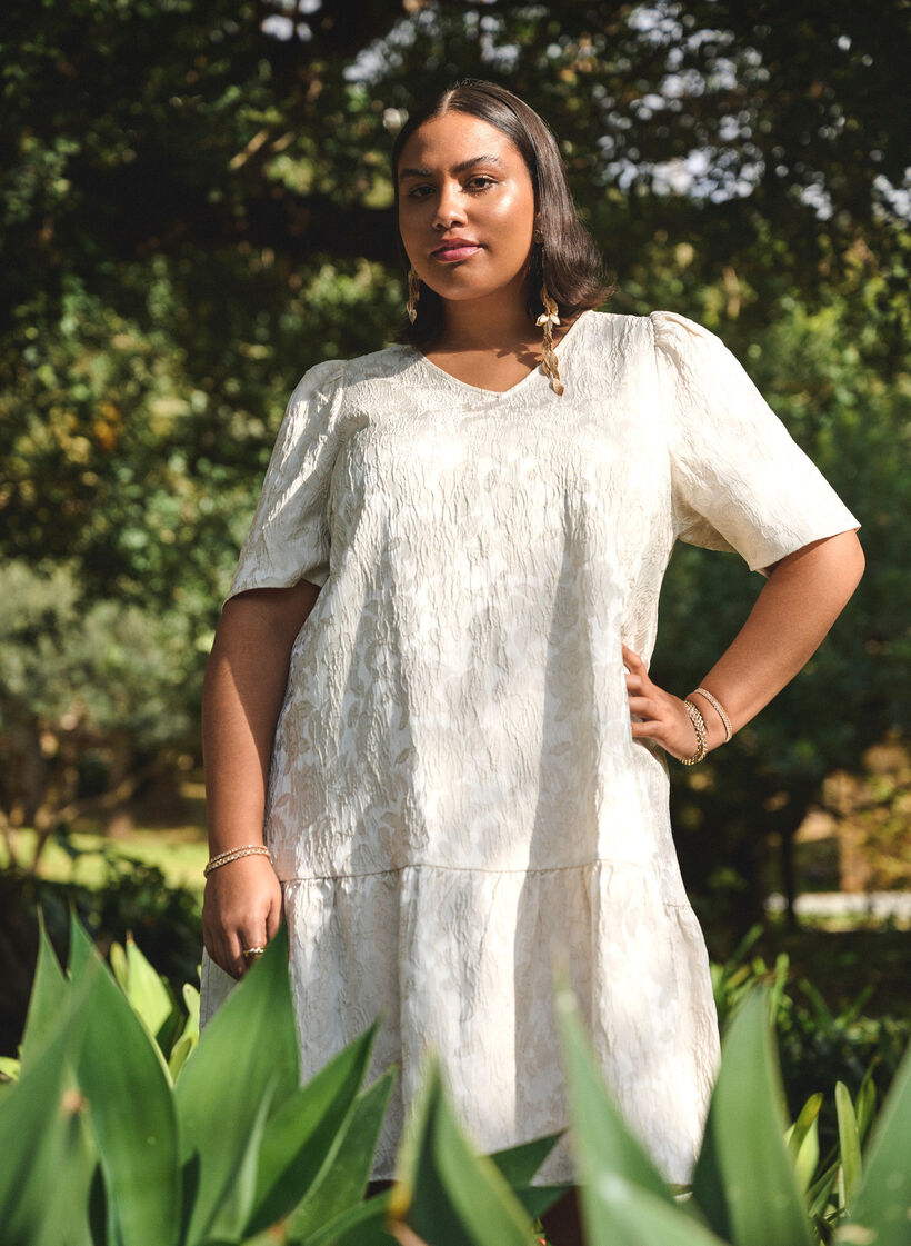 Jacquard jurk tot op de knie met korte mouwen, Whisper White, Image image number 0