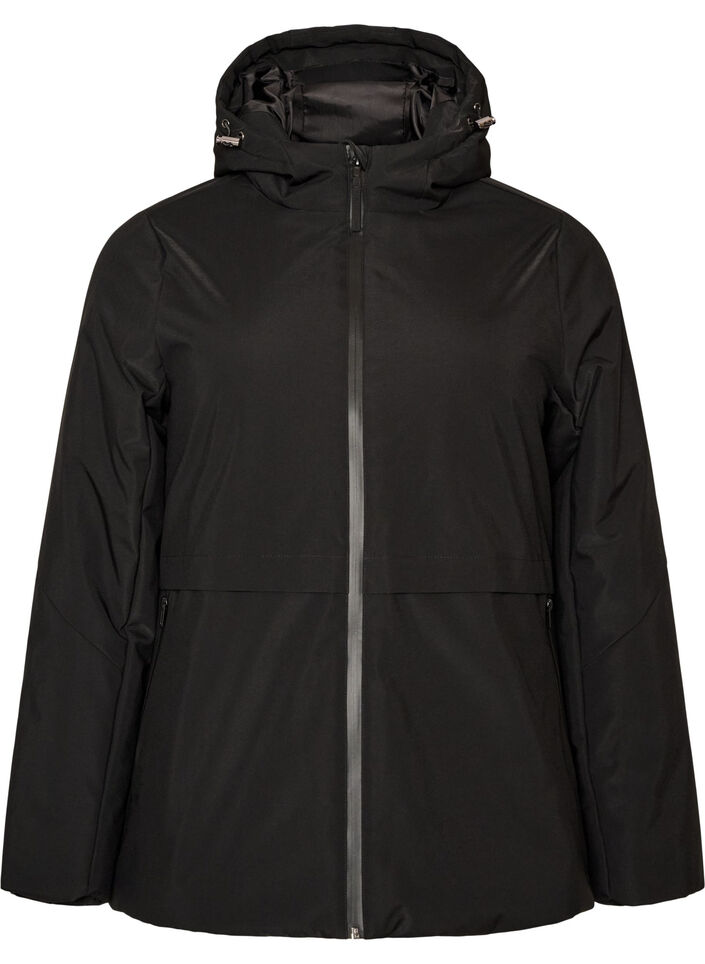 Winterjas met capuchon en verstelbare taille, Zwart, Packshot image number 0