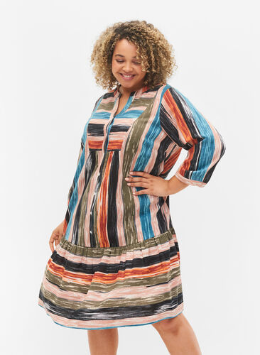Katoenen jurk met patroon en 3/4 mouwen, Multi Stripe AOP, Model image number 0