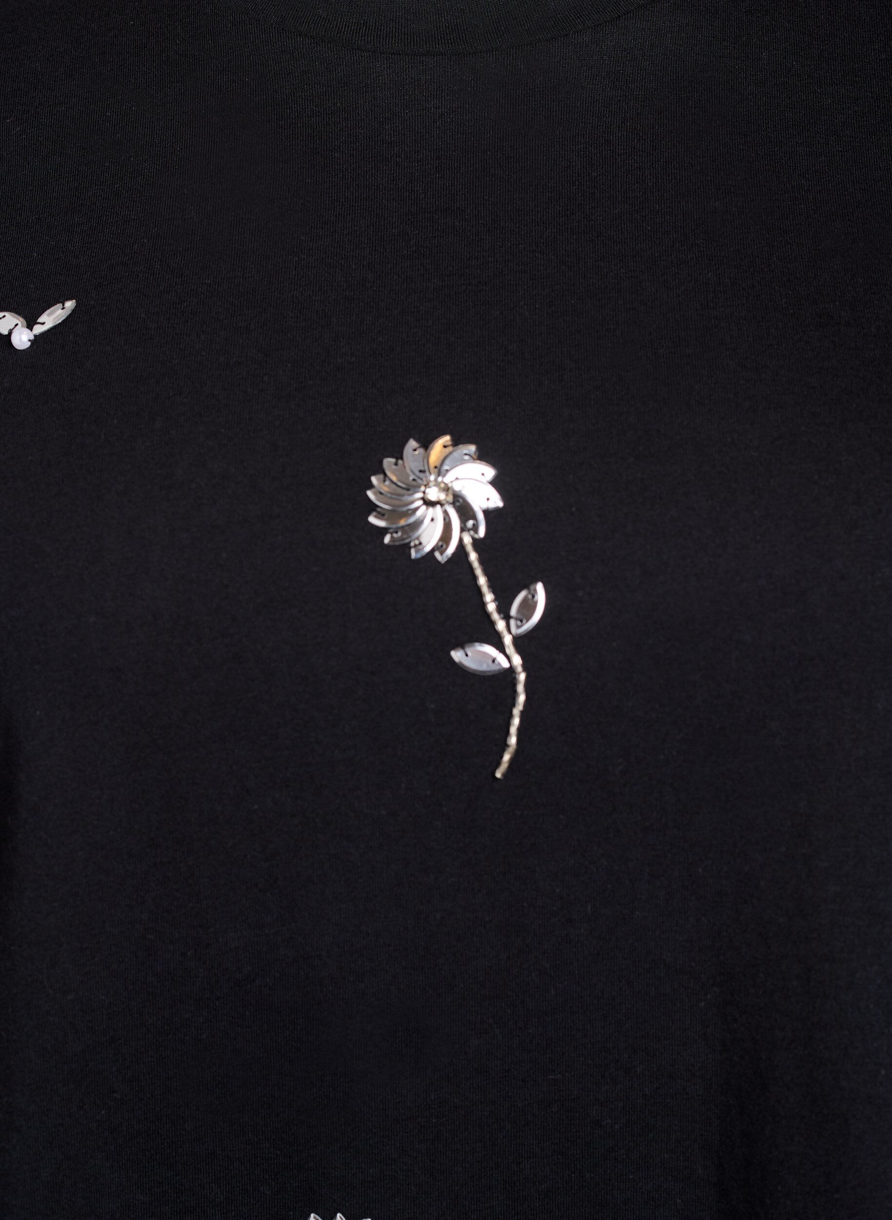 Zizzi T-shirt met paillettenbloemen, Zwart, Packshot image number 2