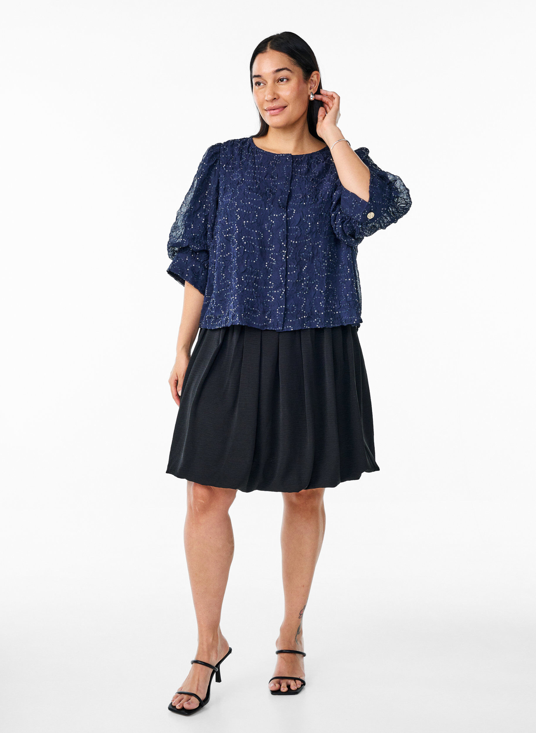Zizzi Feestelijke blouse met pailletten en halflange mouwen, Blauw, Model image number 1