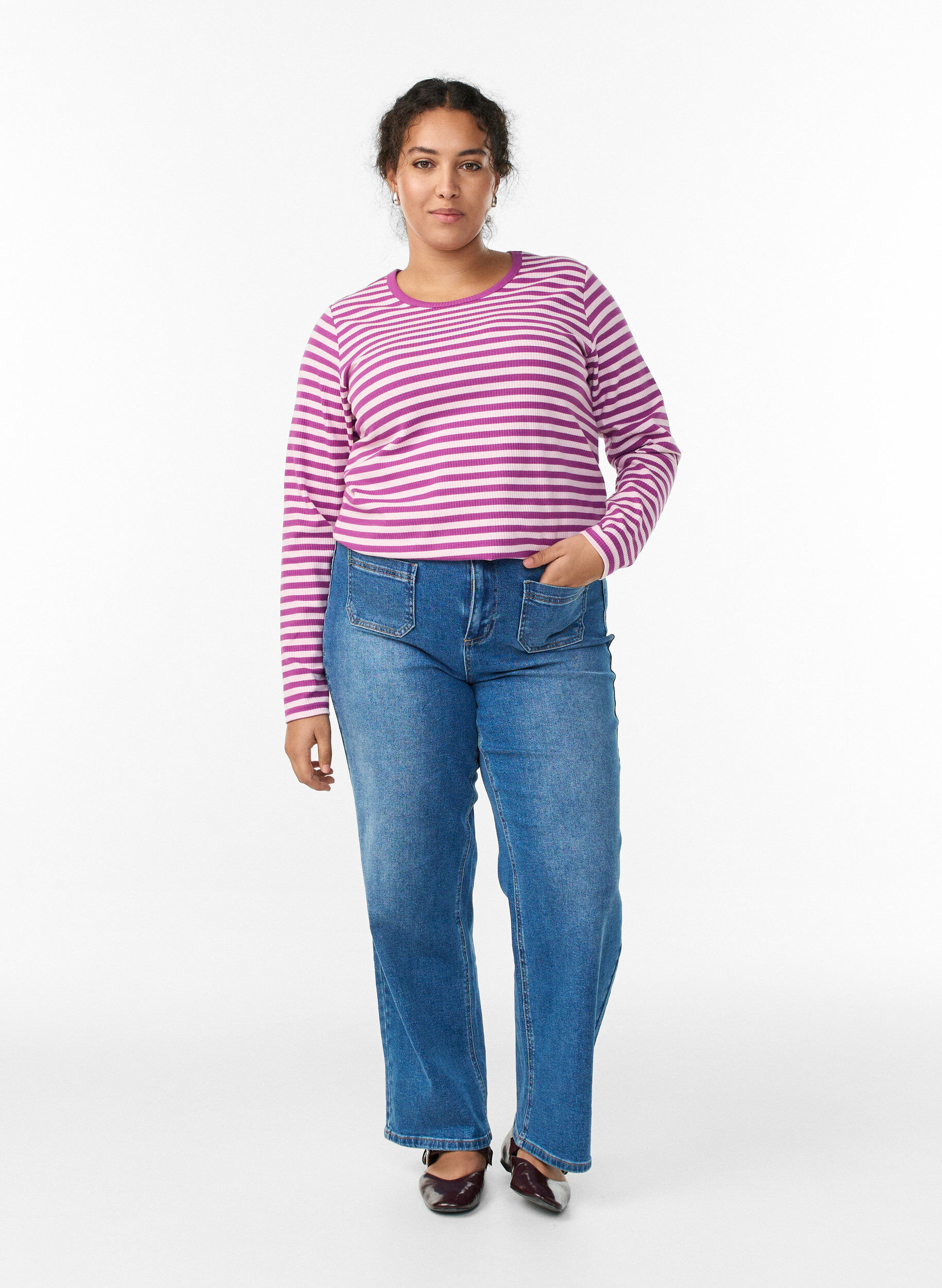 ZizziGestreepte blouse met lange mouwen, Paars, Model image number 1