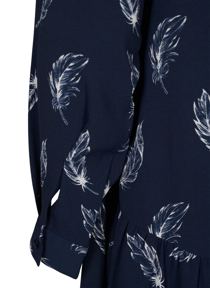 Midi jurk met lange mouwen, Navy B. Feather AOP, Packshot image number 3