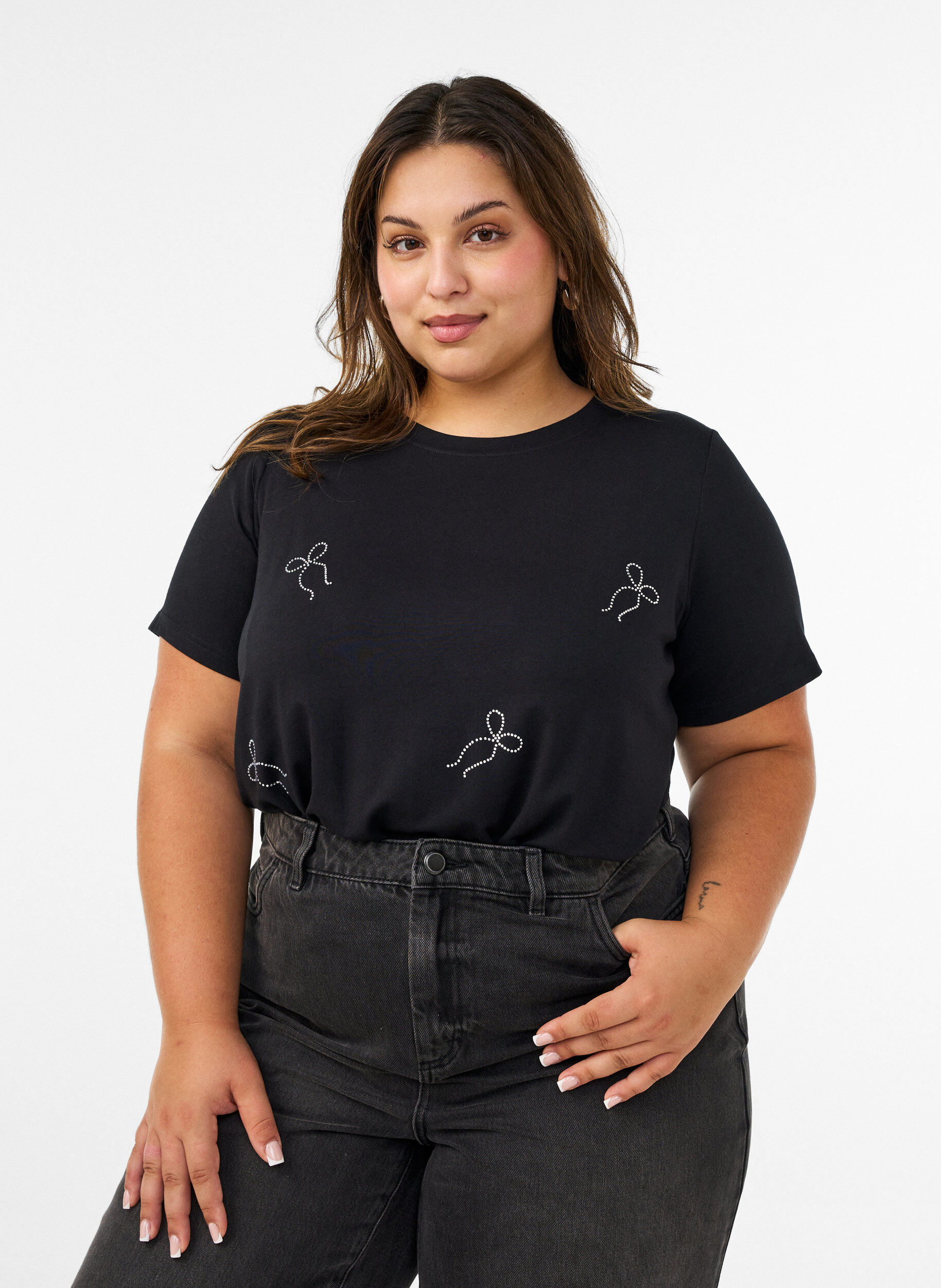 ZizziViscose T-shirt met strassteentjes, Zwart, Model image number 0