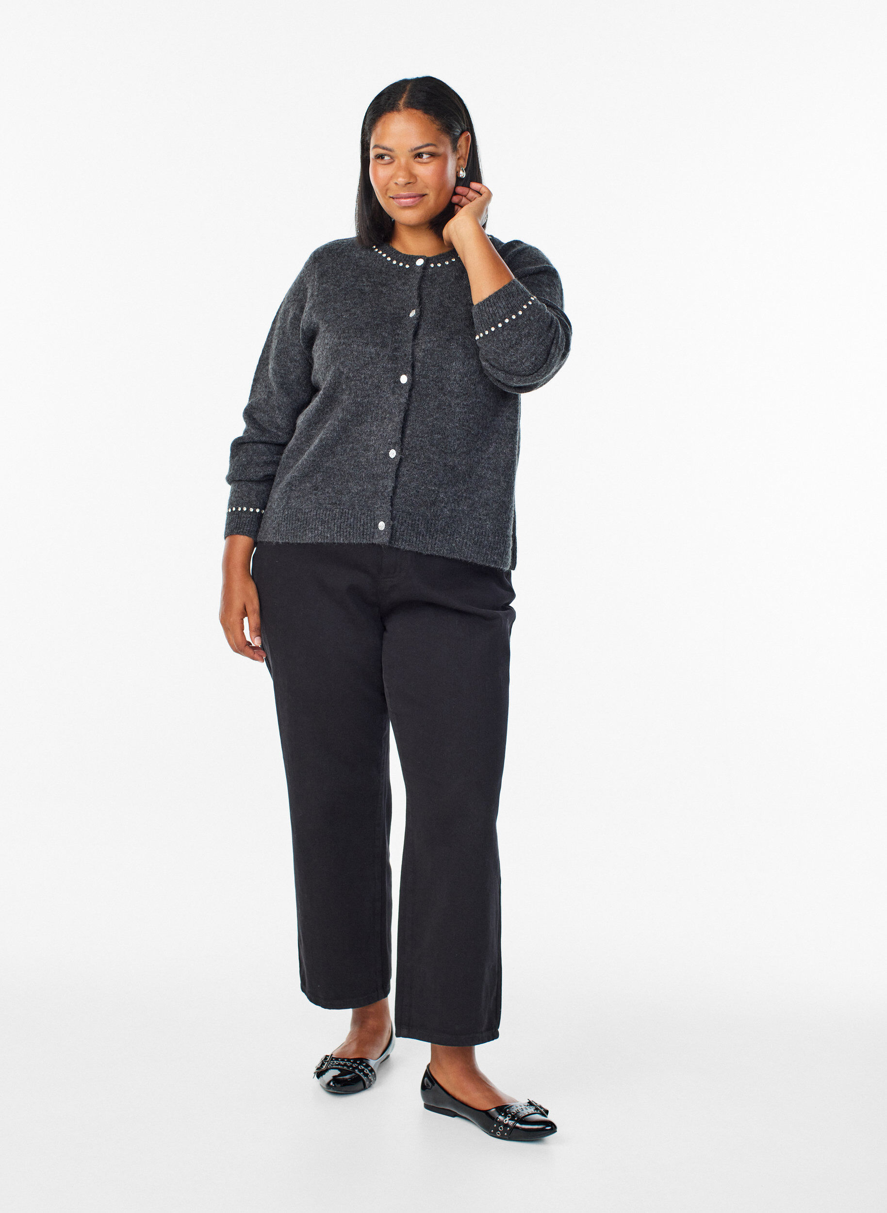 Zizzi Vest met strasssteentjes en decoratieve knopen, Grijs, Model image number 1