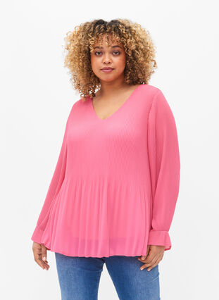Geplooide blouse met v-hals, Hot Pink, Model image number 0